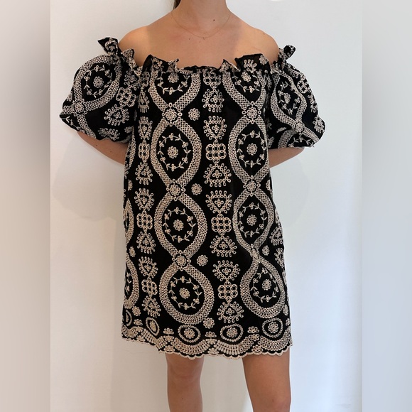 LoveShackFancy Dresses & Skirts - LoveShackFancy Miranda Off-Shoulder Black & Cream Eyelet Mini Dress size M